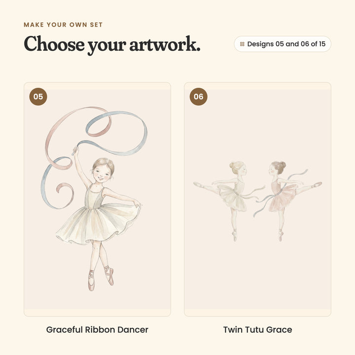 Designs 05 and 06 of 15: Graceful Ribbon Dancer, a smiling ballerina twirling a pink and blue ribbon, and Twin Tutu Grace, two ballerinas in arabesque facing each other with sashes trailing