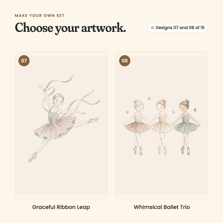 Designs 07 and 08 of 15: Graceful Ribbon Leap, a ballerina leaping mid-air with ribbons trailing, and Whimsical Ballet Trio, three ballerinas in rose, butter yellow and sage tutus holding hands in a row with butterflies