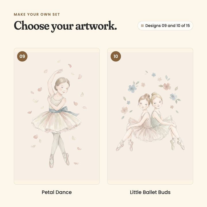Designs 09 and 10 of 15: Petal Dance, a ballerina with a blue sash among falling petals, and Little Ballet Buds, two ballerinas sitting back to back under an arch of flowers