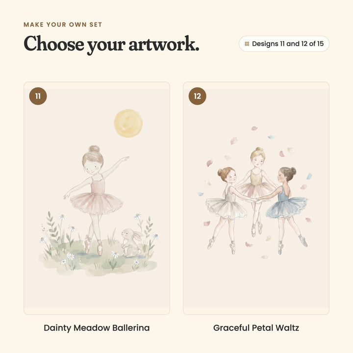 Designs 11 and 12 of 15: Dainty Meadow Ballerina, a ballerina dancing on a grassy patch with daisies, a bunny and a yellow sun, and Graceful Petal Waltz, three ballerinas dancing in a circle holding hands among petals