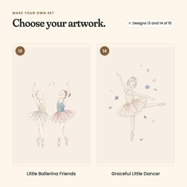 Designs 13 and 14 of 15: Little Ballerina Friends, two ballerinas side by side with their arms raised overhead, and Graceful Little Dancer, a ballerina in arabesque in a yellow bodice and tutu among petals and blue flowers