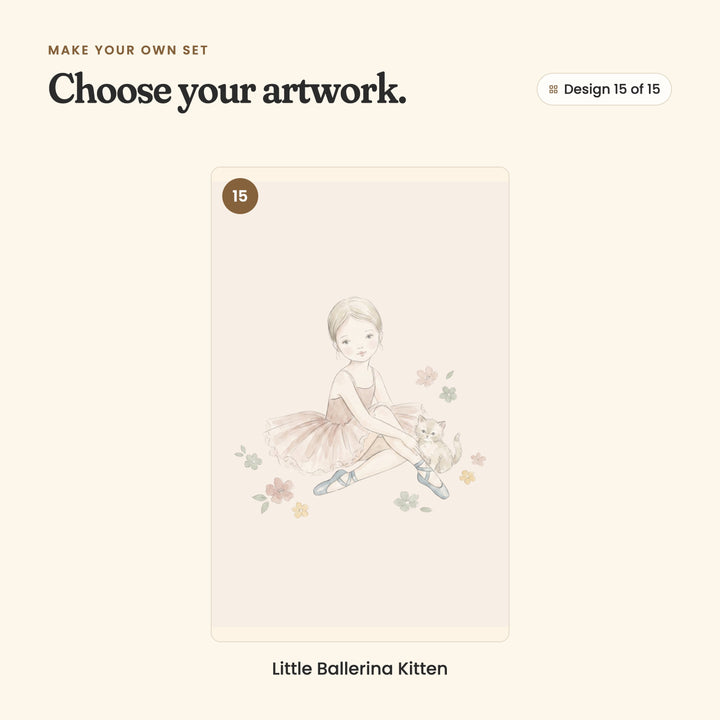 Design 15 of 15: Little Ballerina Kitten, a ballerina sitting and hugging her knees beside a kitten, with flowers