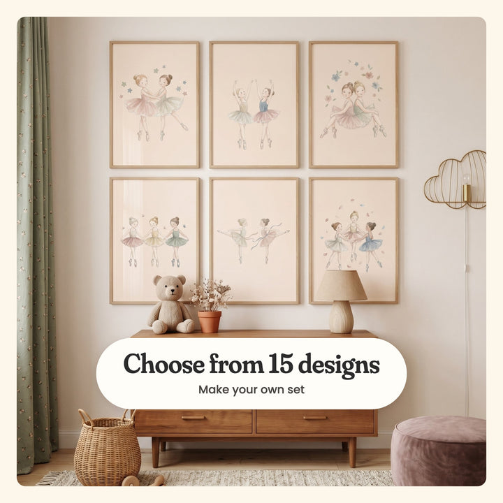 Nursery with six ballerina prints in light wood frames above a walnut dresser with a knit teddy bear, dried flowers and a wooden lamp, beside a gold cloud wall lamp, a mauve velvet pouf and floral sage curtains, labeled Choose from 15 designs, Make your own set