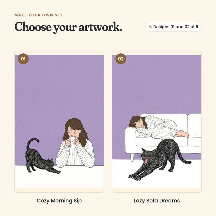 Designs 01 and 02 of 6: Cozy Morning Sip, the girl sipping from a white mug as her black cat stretches beside her, and Lazy Sofa Dreams, the girl asleep on a white sofa while her black cat stretches and yawns on the floor