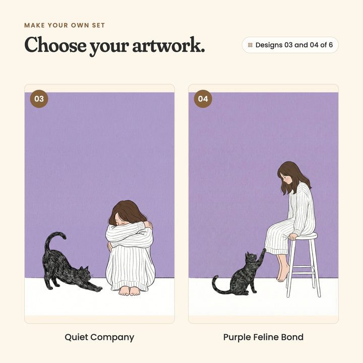 Designs 03 and 04 of 6: Quiet Company, the girl sitting with her arms around her knees as her black cat stretches beside her, and Purple Feline Bond, the girl on a tall stool as her black cat reaches up a paw to her