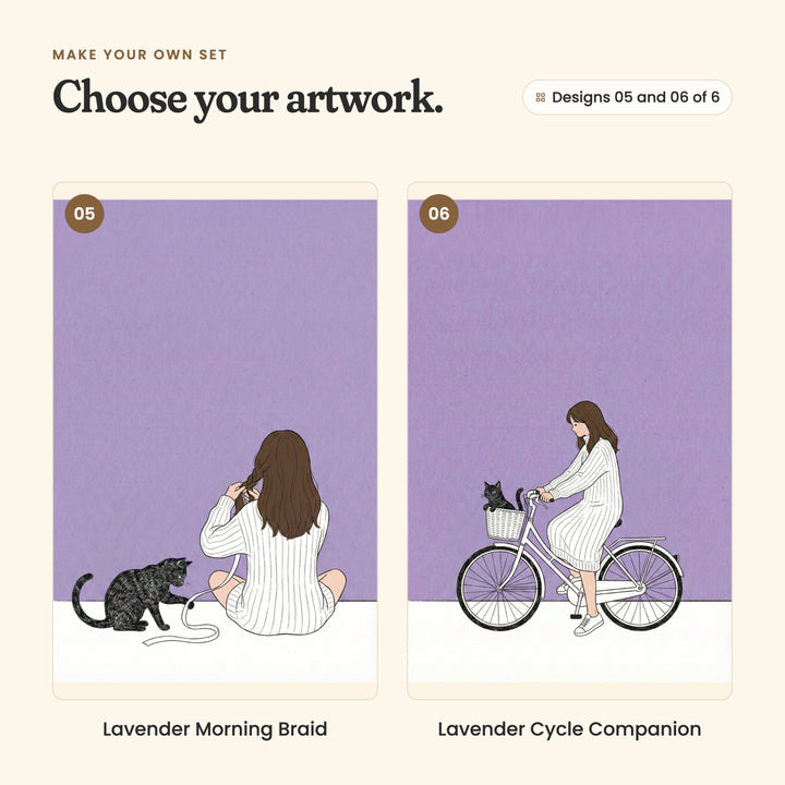 Designs 05 and 06 of 6: Lavender Morning Braid, the girl sitting on the floor braiding her hair as her black cat plays with a ribbon, and Lavender Cycle Companion, the girl riding a white bike with her black cat in the front basket