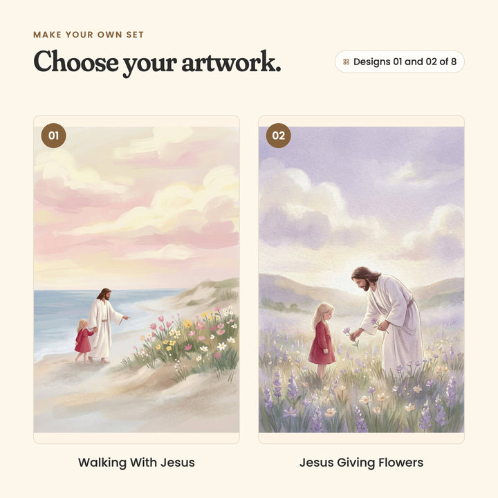 Designs 01 and 02 of 8: Walking With Jesus, Jesus walking hand in hand with the little girl along a sandy shore beside wildflowers, and Jesus Giving Flowers, Jesus bending down to give the little girl a flower in a lavender meadow