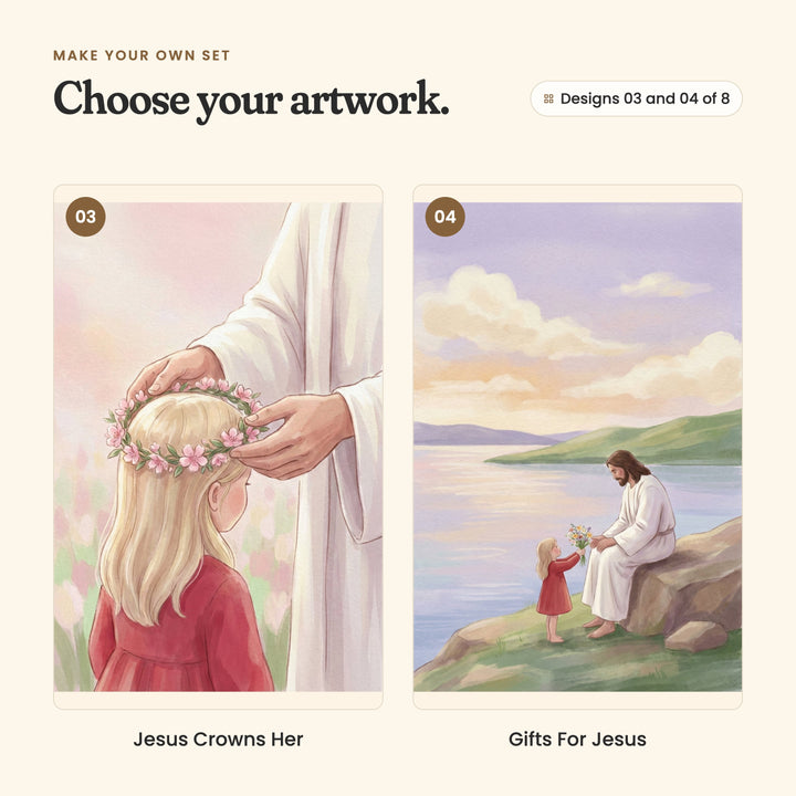Designs 03 and 04 of 8: Jesus Crowns Her, a close-up of Jesus placing a crown of pink flowers on the little girl's golden hair, and Gifts For Jesus, the little girl offering a bouquet to Jesus as he sits on a rock by a lake