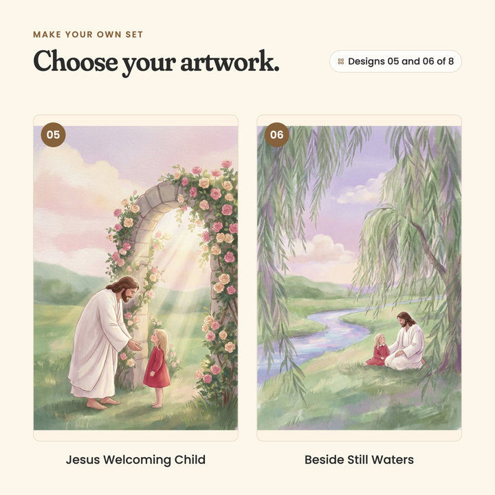 Designs 05 and 06 of 8: Jesus Welcoming Child, Jesus reaching out to the little girl as she stands in a stone arch covered in roses and filled with light, and Beside Still Waters, Jesus and the little girl sitting together on the grass beside a winding stream under willow trees