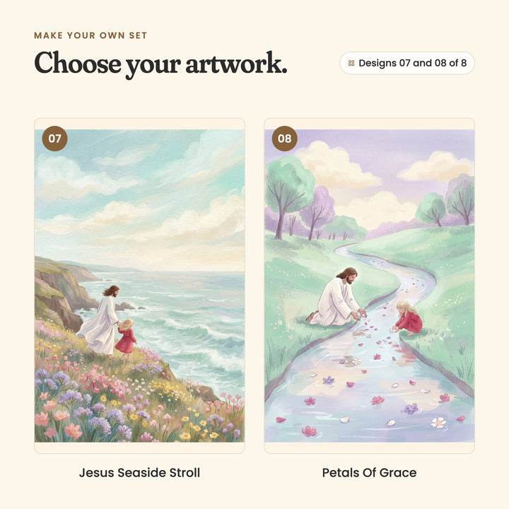 Designs 07 and 08 of 8: Jesus Seaside Stroll, Jesus and the little girl walking along a flowered clifftop above the sea, and Petals Of Grace, Jesus and the little girl kneeling beside a stream scattered with flower petals