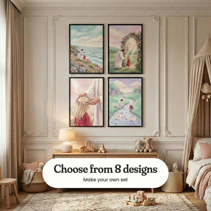 Cream panelled girl's room with four prints in black frames in two rows above a light wood dresser with a lamp, a wooden train and teddy bears, beside a canopy bed, woven baskets and a shaggy rug with wooden toys: Jesus Seaside Stroll, Jesus Welcoming Child, Jesus Crowns Her and Petals Of Grace, with a label reading Choose from 8 designs, Make your own set