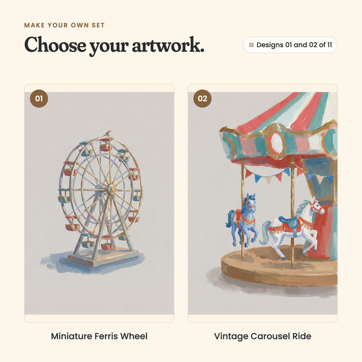 Designs 01 and 02 of 11: Miniature Ferris Wheel, a little Ferris wheel with a bird perched on top, and Vintage Carousel Ride, two carousel horses under a striped canopy with bunting
