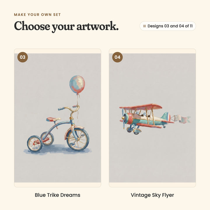 Designs 03 and 04 of 11: Blue Trike Dreams, a tricycle with a balloon tied on, and Vintage Sky Flyer, a red and teal biplane trailing a banner