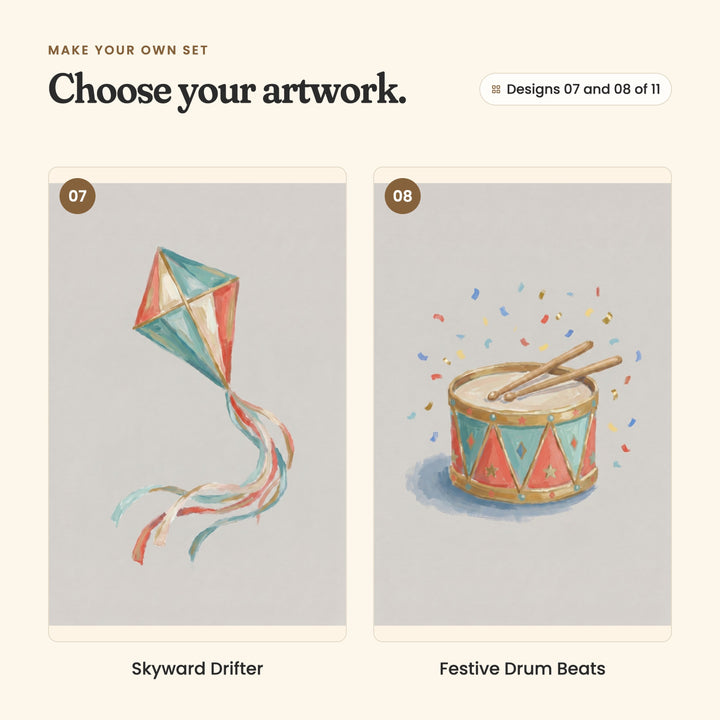 Designs 07 and 08 of 11: Skyward Drifter, a kite with ribbon tails, and Festive Drum Beats, a drum with drumsticks and confetti