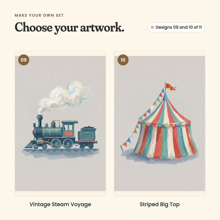 Designs 09 and 10 of 11: Vintage Steam Voyage, a steam train puffing smoke, and Striped Big Top, a striped circus tent with bunting