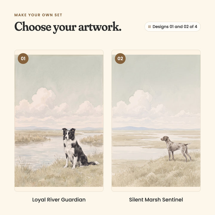 Designs 01 and 02 of 4: Loyal River Guardian, a black and white collie sitting on a grassy bank, and Silent Marsh Sentinel, a speckled grey pointer standing alert on the bank