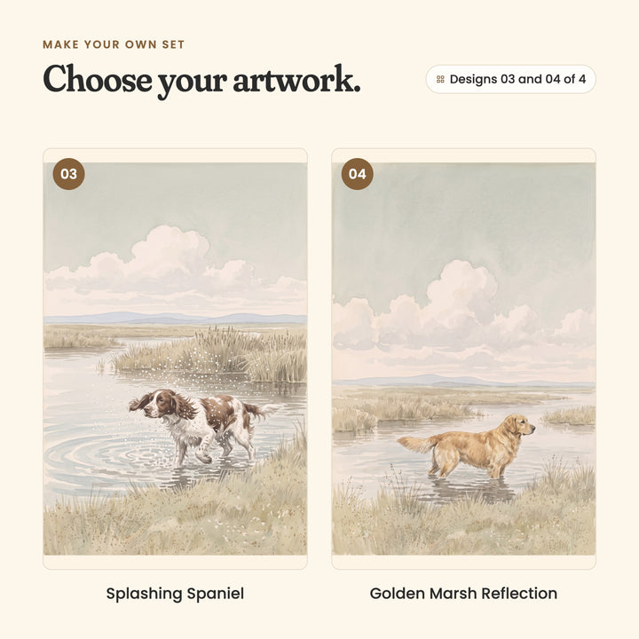 Designs 03 and 04 of 4: Splashing Spaniel, a brown and white spaniel splashing through shallow water, and Golden Marsh Reflection, a golden retriever wading in still water