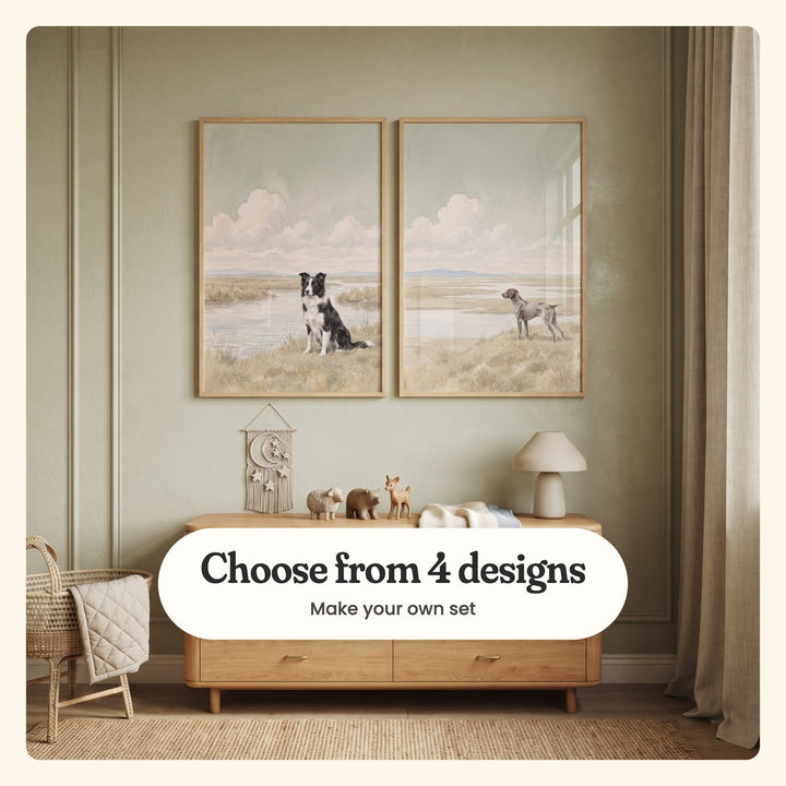 Sage green panelled nursery with two marsh dog prints in light wood frames above a light wood dresser with a moon wall hanging, small wooden animals and a lamp, beside a woven bassinet and a linen curtain: Loyal River Guardian and Silent Marsh Sentinel, labeled Choose from 4 designs, Make your own set