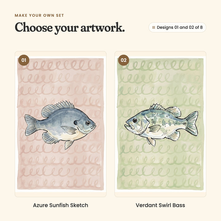Designs 01 and 02 of 8: Azure Sunfish Sketch, a blue sunfish on blush pink swirls, and Verdant Swirl Bass, a speckled bass on sage green swirls