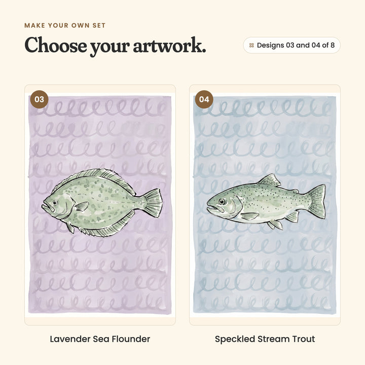 Designs 03 and 04 of 8: Lavender Sea Flounder, a spotted flounder on lavender swirls, and Speckled Stream Trout, a speckled trout on powder blue swirls