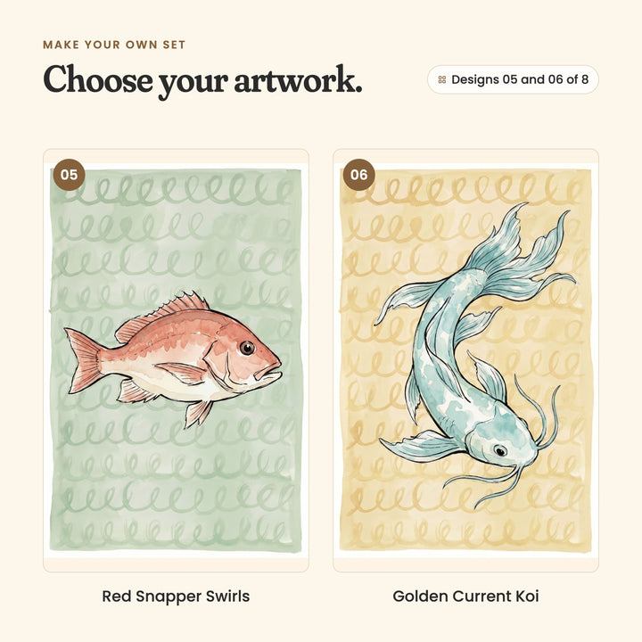 Designs 05 and 06 of 8: Red Snapper Swirls, a coral red snapper on sage green swirls, and Golden Current Koi, a pale teal koi curling its long fins on butter yellow swirls