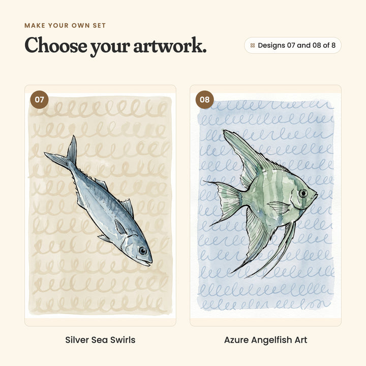 Designs 07 and 08 of 8: Silver Sea Swirls, a silver blue fish diving on cream swirls, and Azure Angelfish Art, a striped green angelfish on pale blue swirls