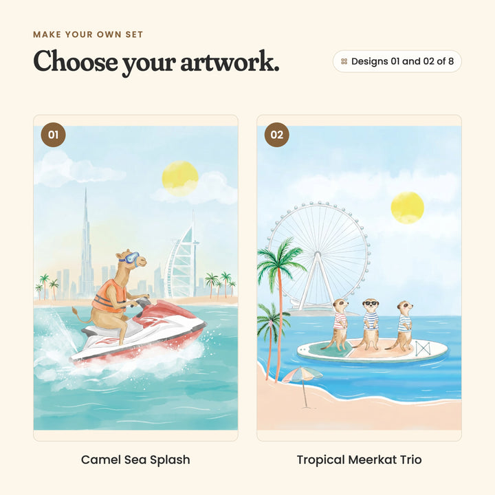 Designs 01 and 02 of 8: Camel Sea Splash, a camel in goggles and a life vest riding a red jet ski, and Tropical Meerkat Trio, three meerkats in sunglasses and striped tops on a paddle board