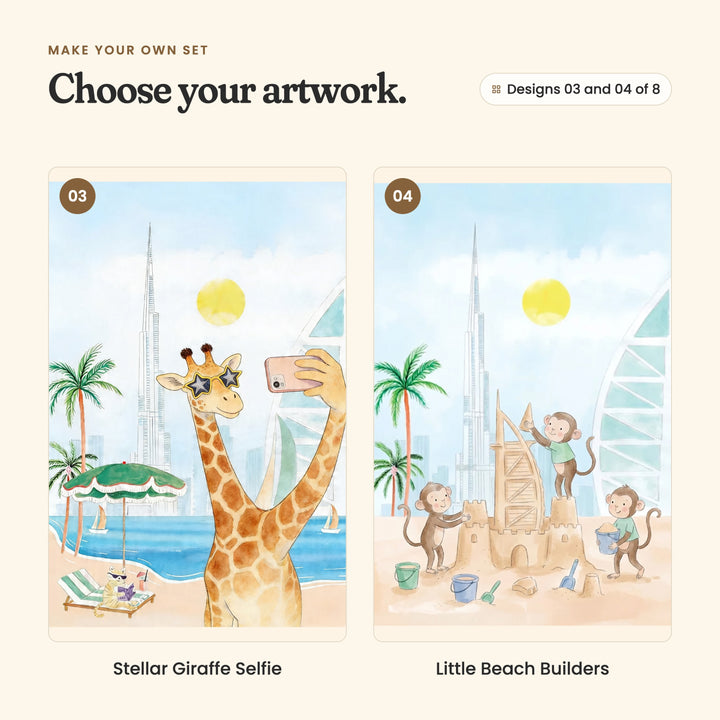 Designs 03 and 04 of 8: Stellar Giraffe Selfie, a giraffe in star sunglasses taking a selfie beside a beach umbrella, and Little Beach Builders, three monkeys building a tall sandcastle with buckets and spades