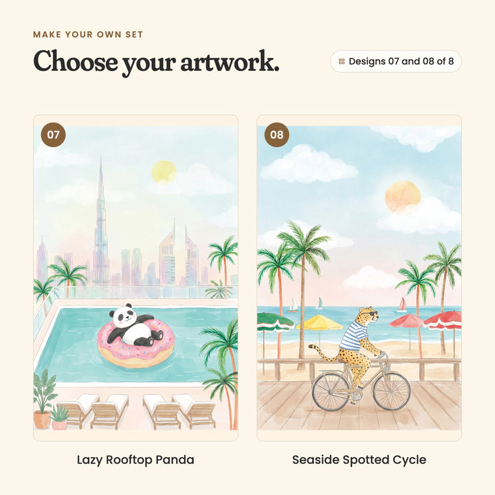 Designs 07 and 08 of 8: Lazy Rooftop Panda, a panda floating on a pink doughnut ring in a rooftop pool, and Seaside Spotted Cycle, a cheetah in a striped top riding a bike along a seaside boardwalk