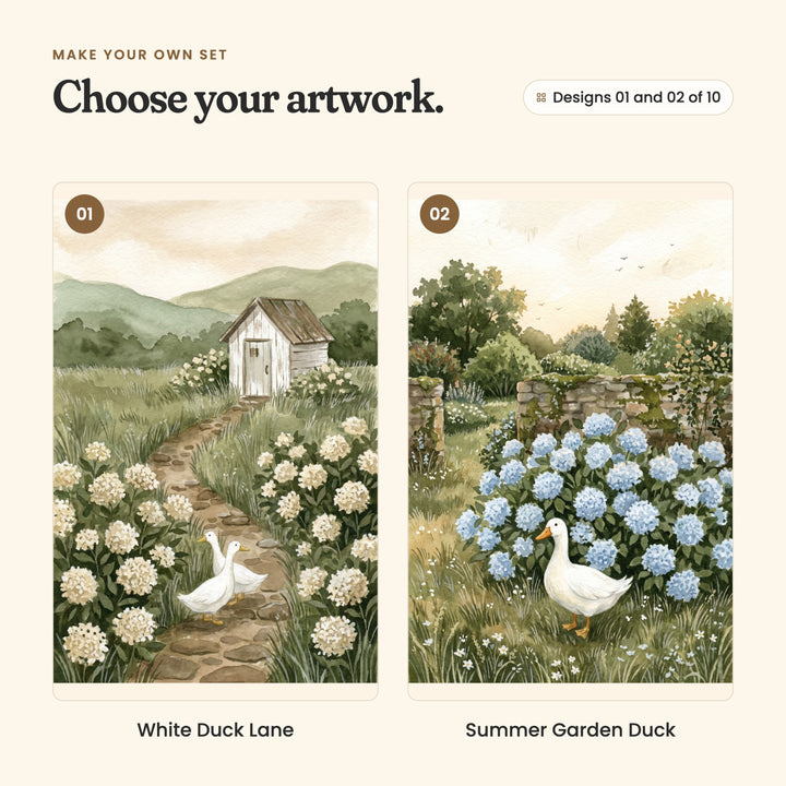 Designs 01 and 02 of 10: White Duck Lane, two ducks on a stone path between cream hydrangeas leading to a white shed, and Summer Garden Duck, a duck beside blue hydrangeas and a mossy stone wall