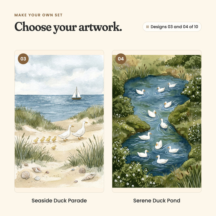 Designs 03 and 04 of 10: Seaside Duck Parade, two ducks and five ducklings on the dunes with seashells and a sailboat, and Serene Duck Pond, a flock of ducks on a winding pond
