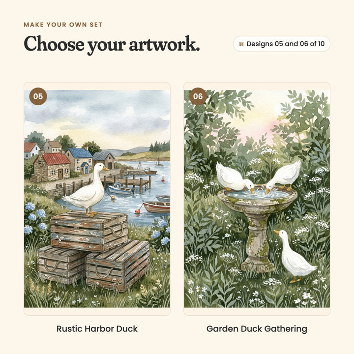Designs 05 and 06 of 10: Rustic Harbor Duck, a duck standing on stacked crates by a harbor village, and Garden Duck Gathering, two ducks drinking at a mossy birdbath with a third below