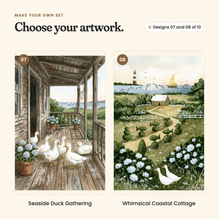 Designs 07 and 08 of 10: Seaside Duck Gathering, six ducks on a weathered porch with potted hydrangeas and a view of the sea, and Whimsical Coastal Cottage, a lighthouse, a sailboat, leaping dolphins and two ducks by fish-shaped hedges