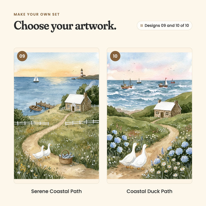 Designs 09 and 10 of 10: Serene Coastal Path, two ducks and a basket of fish on a path to a cottage by a lighthouse and a dock, and Coastal Duck Path, two ducks on a path to a stone cottage above a rough sea with fishing boats