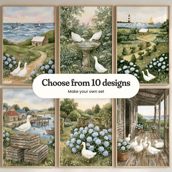 Six white duck prints in light wood frames: two ducks on a path to a cottage above the sea, ducks at a birdbath, a lighthouse with dolphins, a duck on harbor crates, a duck by blue hydrangeas and ducks on a seaside porch, with a label reading Choose from 10 designs, Make your own set