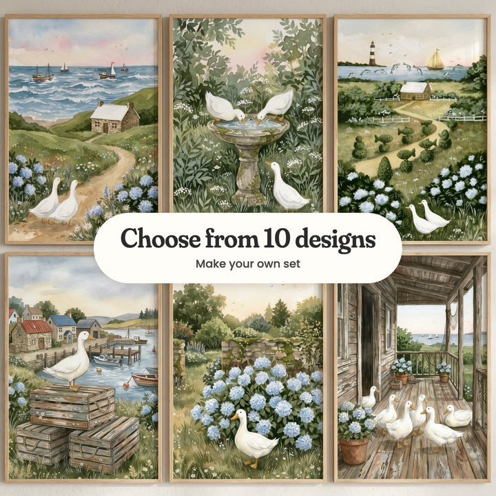 Six white duck prints in light wood frames: two ducks on a path to a cottage above the sea, ducks at a birdbath, a lighthouse with dolphins, a duck on harbor crates, a duck by blue hydrangeas and ducks on a seaside porch, with a label reading Choose from 10 designs, Make your own set