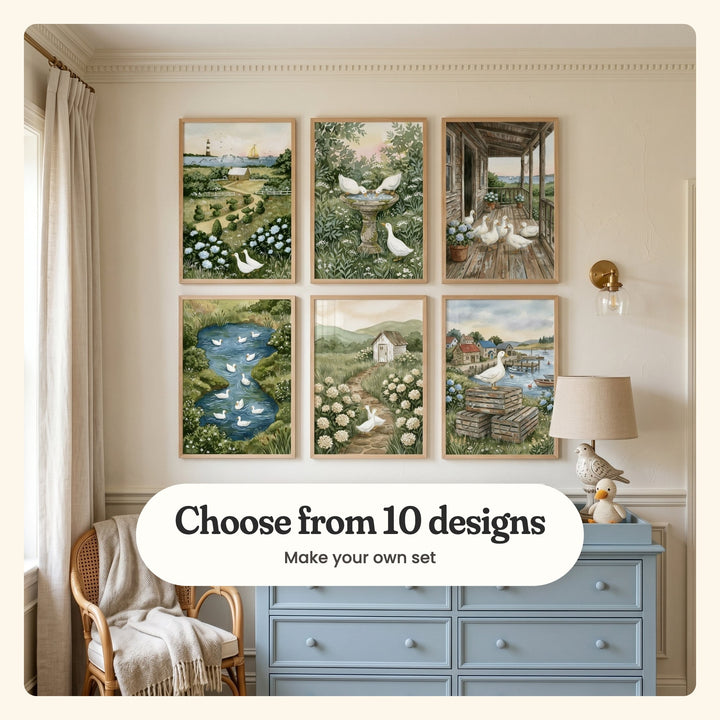 Six white duck prints in light wood frames above a powder blue dresser with a bird lamp and a knit duck, beside a rattan chair, labeled Choose from 10 designs, Make your own set