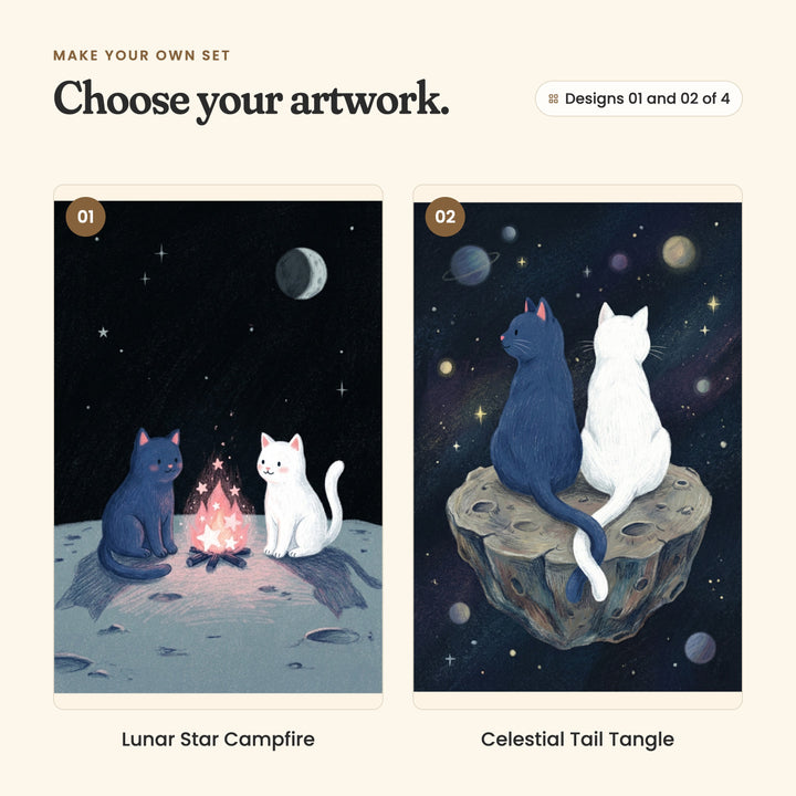 Designs 01 and 02 of 4: Lunar Star Campfire, a navy cat and a white cat beside a campfire of pink stars on the moon, and Celestial Tail Tangle, a navy cat and a white cat sitting on a floating rock, tails curled together