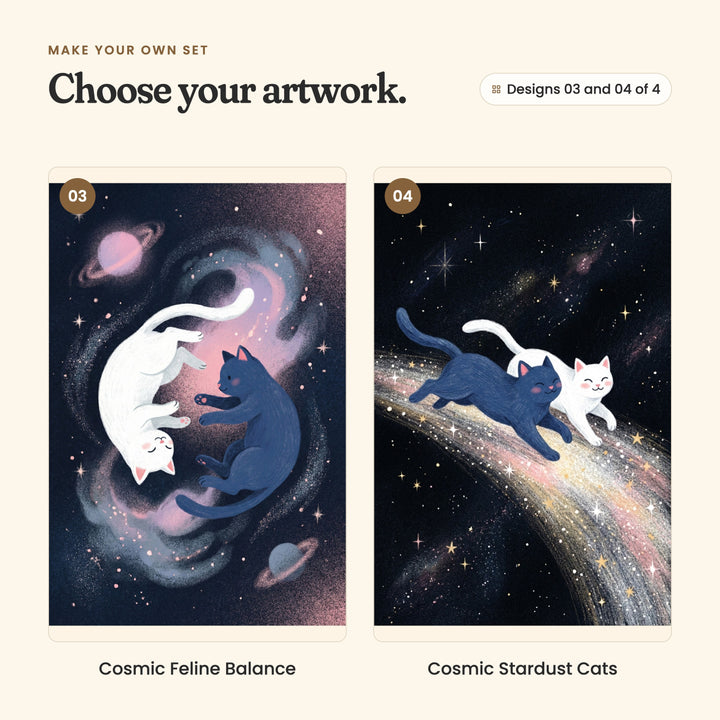 Designs 03 and 04 of 4: Cosmic Feline Balance, a white cat and a navy cat floating in a pink swirl of stars, and Cosmic Stardust Cats, a navy cat and a white cat running along a glittering trail of stardust