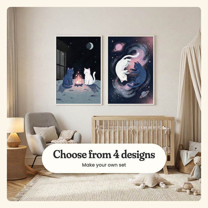 Soft greige nursery with two space cat prints in white frames above a light wood crib, beside a grey rocking chair, a table lamp, a canopy and plush toys on the rug: Lunar Star Campfire and Cosmic Feline Balance, labeled Choose from 4 designs, Make your own set