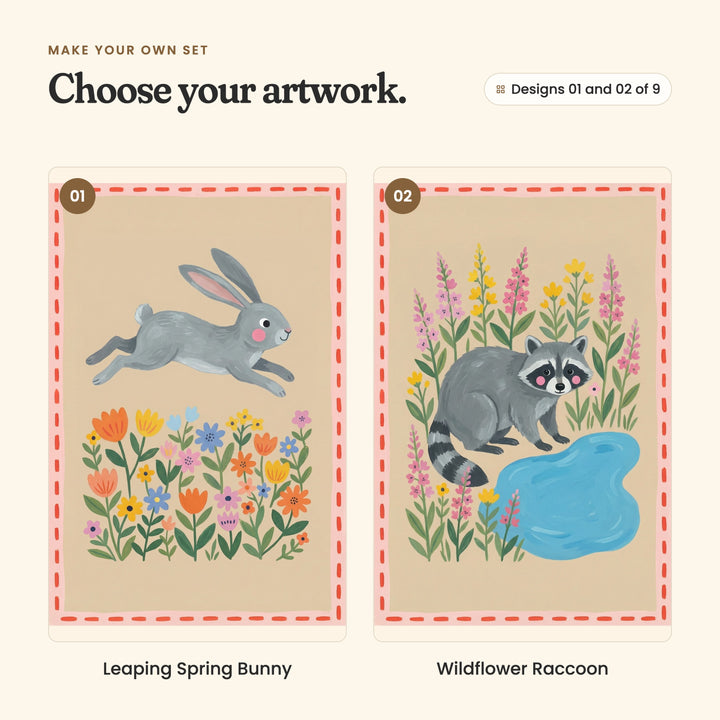 Designs 01 and 02 of 9: Leaping Spring Bunny, a grey bunny leaping over a bed of bright wildflowers, and Wildflower Raccoon, a raccoon by a little blue pond among pink and yellow wildflowers