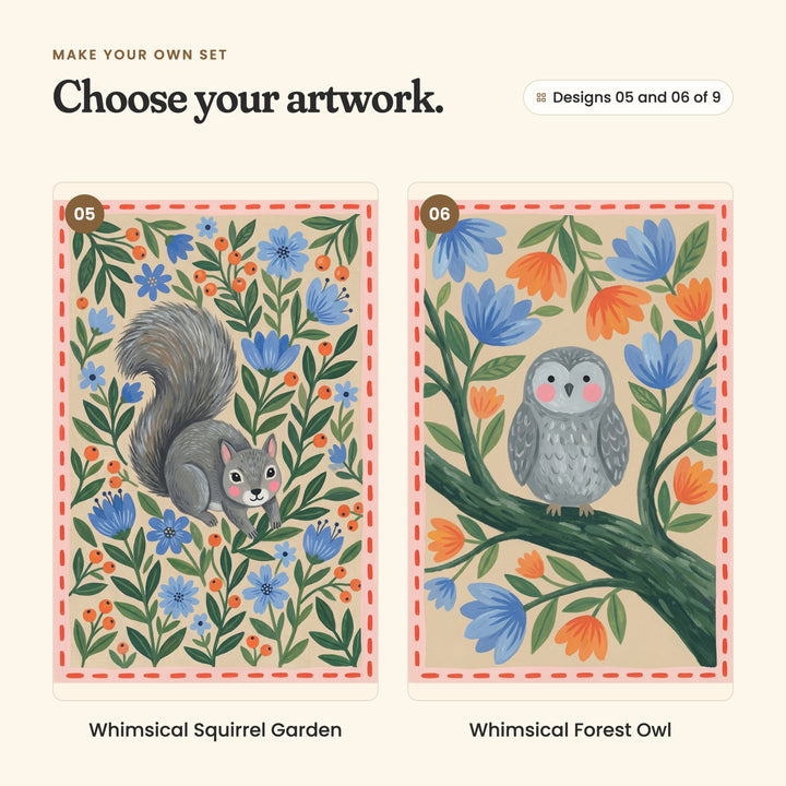 Designs 05 and 06 of 9: Whimsical Squirrel Garden, a grey squirrel among blue flowers and green leaves, and Whimsical Forest Owl, a grey owl on a branch among blue and orange tulips