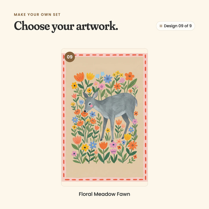 Design 09 of 9: Floral Meadow Fawn, a grey deer grazing among bright wildflowers