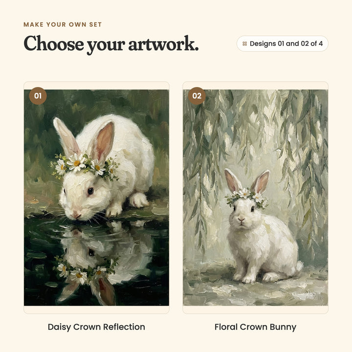 Designs 01 and 02 of 4: Daisy Crown Reflection, a white bunny in a daisy crown drinking from a dark pond, and Floral Crown Bunny, a white bunny in a daisy crown sitting under willow branches
