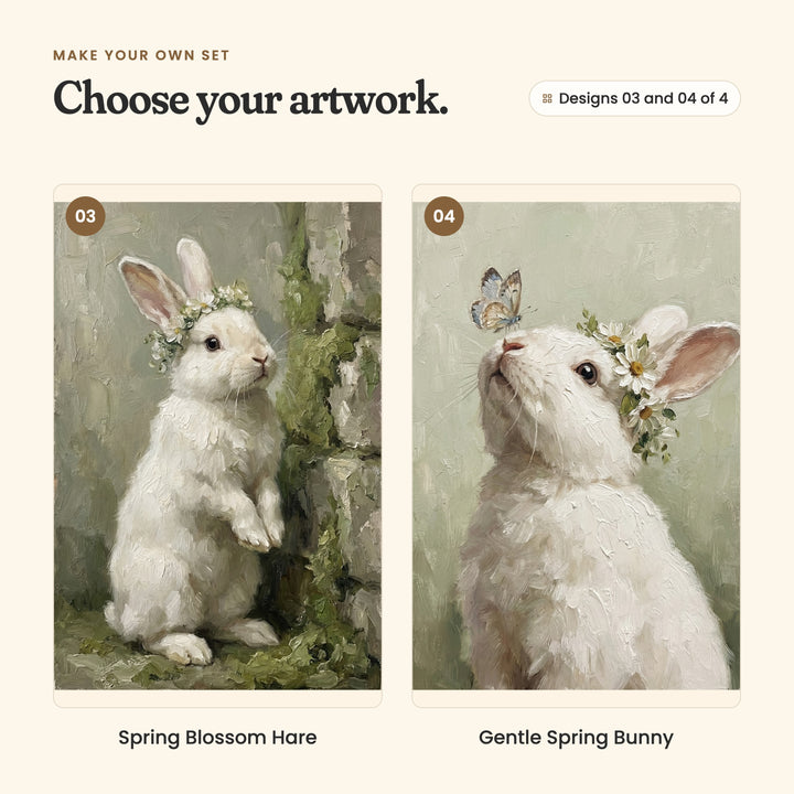 Designs 03 and 04 of 4: Spring Blossom Hare, a white bunny in a flower crown standing up against a mossy stone wall, and Gentle Spring Bunny, a white bunny with daisies by one ear looking up at a blue butterfly on its nose