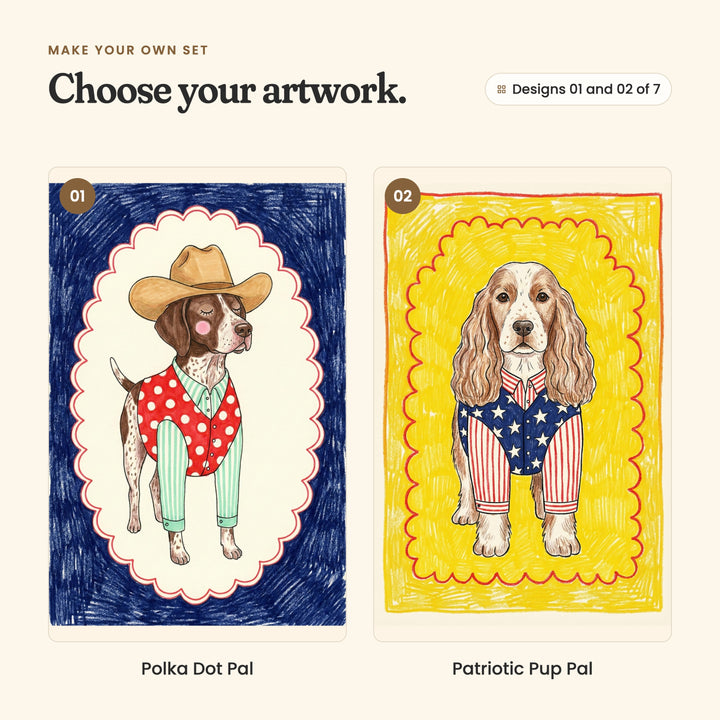Designs 01 and 02 of 7: Polka Dot Pal, a spotted pointer in a cowboy hat and a red polka dot vest inside a scalloped oval on navy, and Patriotic Pup Pal, a spaniel with long curly ears in a stars and stripes outfit on sunny yellow