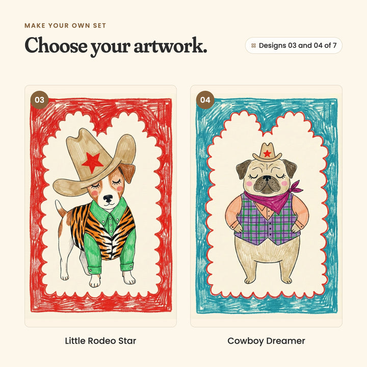 Designs 03 and 04 of 7: Little Rodeo Star, a pup in a big cowboy hat with a red star and a tiger stripe vest on red, and Cowboy Dreamer, a pug in a little cowboy hat, a plaid vest and a purple bandana on teal