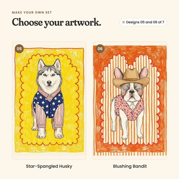 Designs 05 and 06 of 7: Star-Spangled Husky, a husky in a stars and stripes outfit on sunny yellow, and Blushing Bandit, a French bulldog in a cowboy hat and a pink flowered shirt on orange stripes