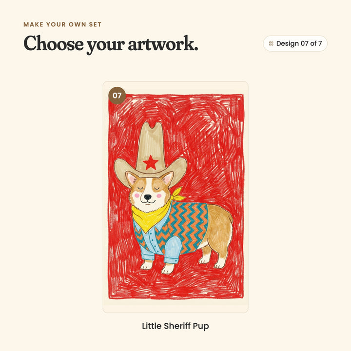 Design 07 of 7: Little Sheriff Pup, a corgi in a tall cowboy hat with a red star, a yellow bandana and a zigzag sweater on red