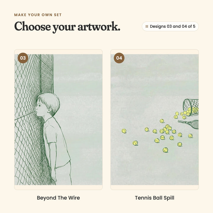 Designs 03 and 04 of 5: Beyond The Wire, a boy leaning his face against a tall chain link fence, and Tennis Ball Spill, yellow tennis balls rolling out of a tipped basket beside a racket
